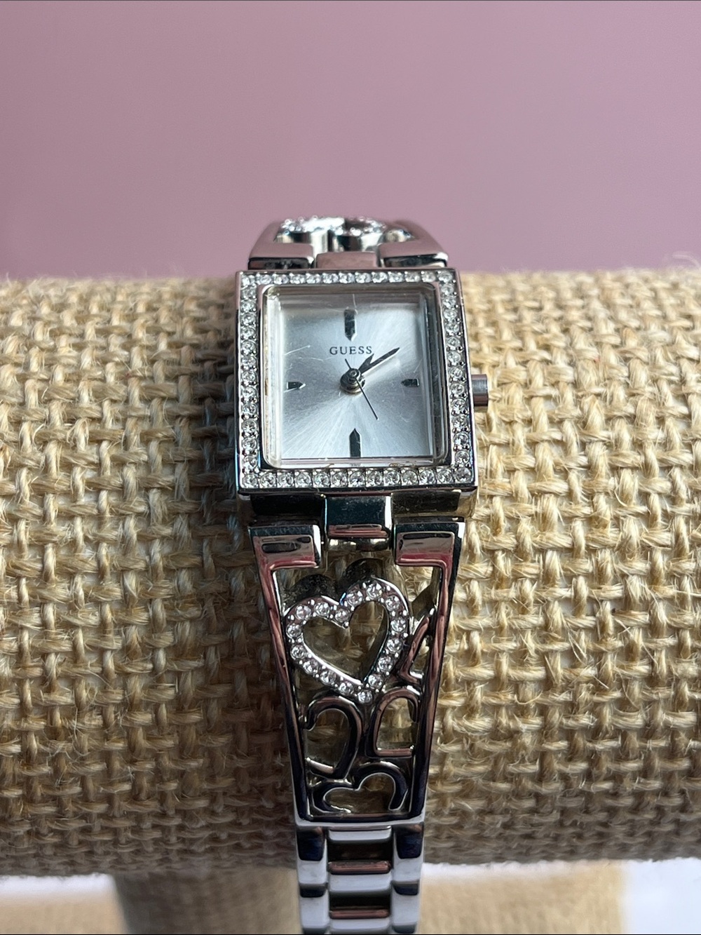Guess Women Watch 18mm Rectangle Dial Rhinestones Silver Tone New Battery